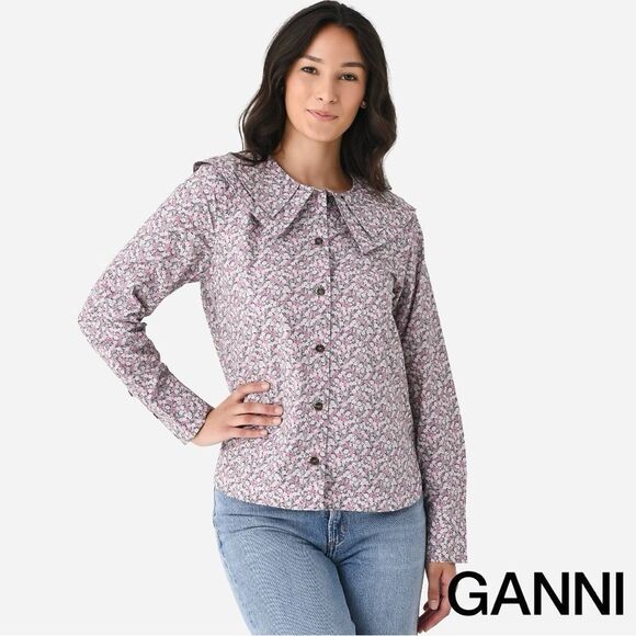 GANNI **NWT** Frost Gray Floral Print Cotton Poplin Double-Collar Shirt - Picture 9 of 16